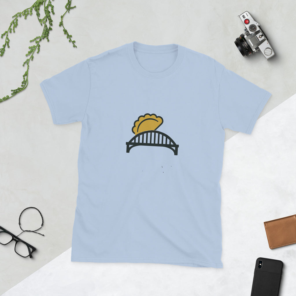 Pierogi Meets Bridge tee, light blue, front view — Pittsburgh pierogi graphic tee