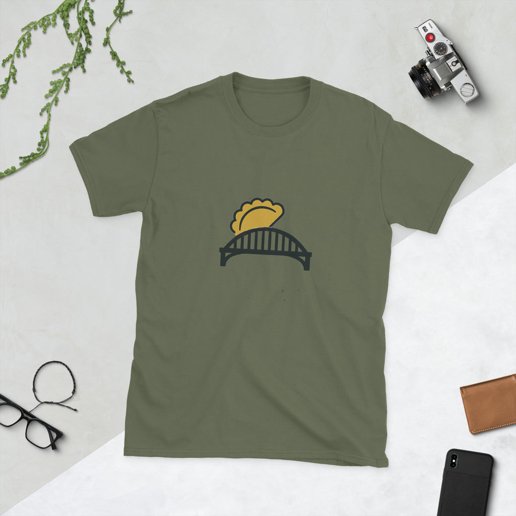 Pierogi Meets Bridge tee, military green, front view — Pittsburgh pierogi graphic tee