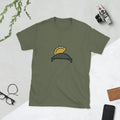 Pierogi Meets Bridge tee, military green, front view — Pittsburgh pierogi graphic tee