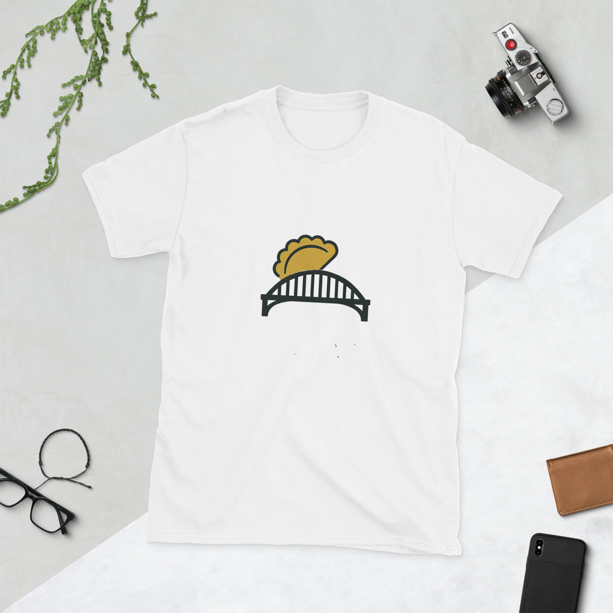 Pierogi Meets Bridge tee, white, front view — funny Pittsburgh pierogi graphic tee
