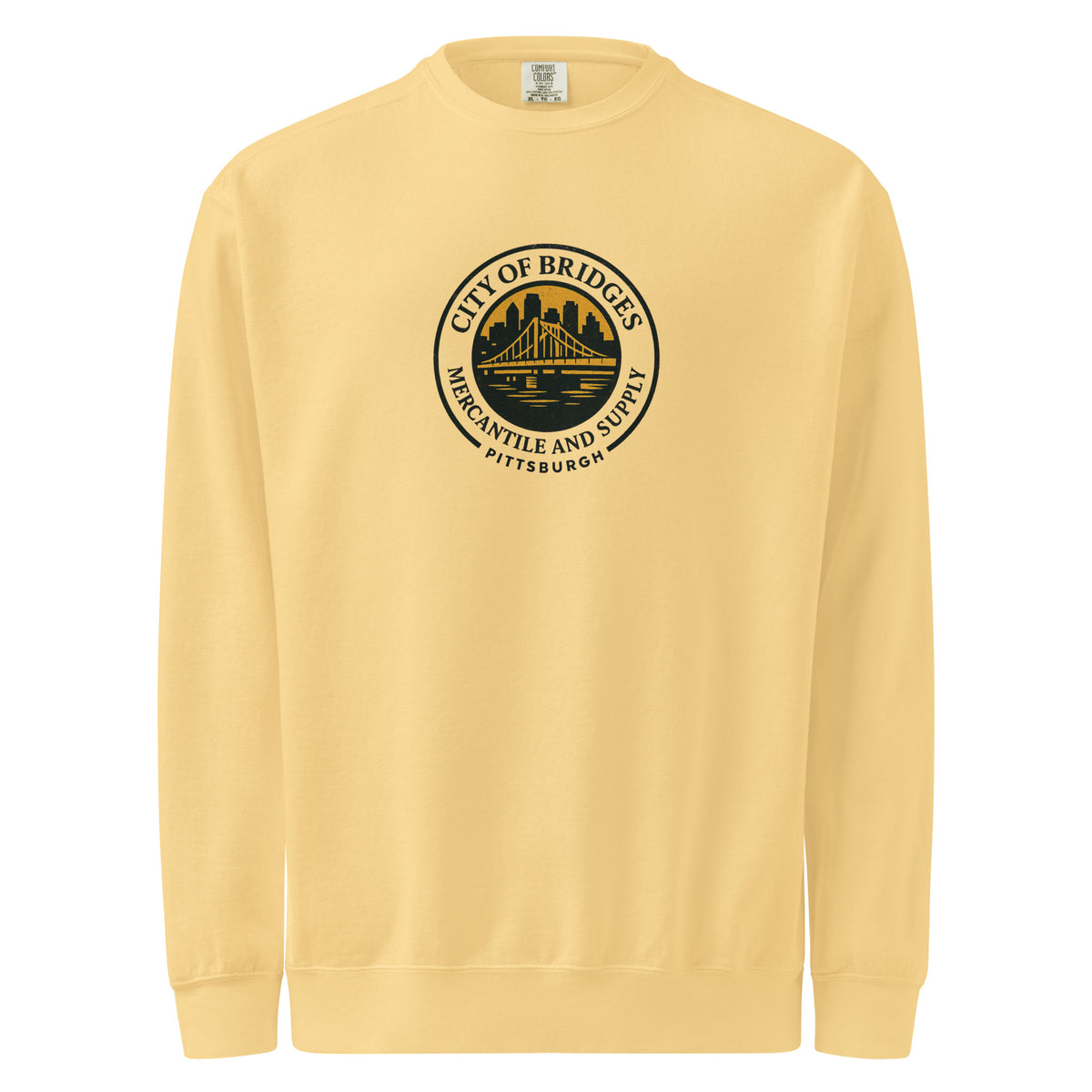Bridge Logo Sweatshirt, butter yellow, close-up of bridge logo — City of Bridges Pittsburgh apparel