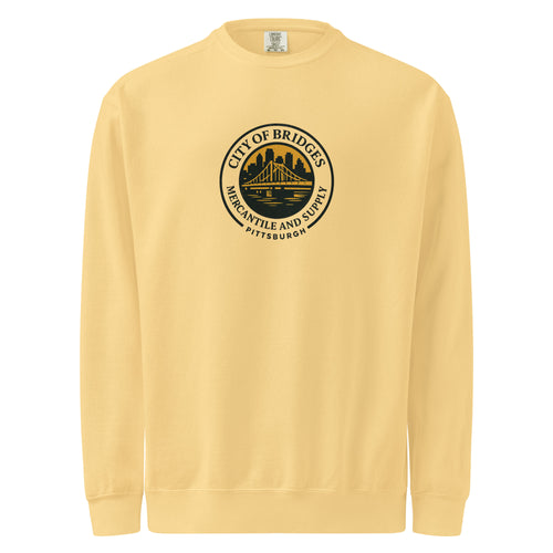Bridge Logo Sweatshirt, butter yellow, close-up of bridge logo — City of Bridges Pittsburgh apparel