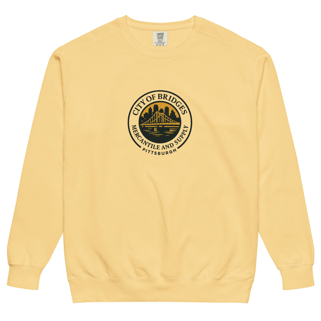Bridge Logo Sweatshirt, butter yellow, front view — City of Bridges Pittsburgh garment-dyed sweatshirt