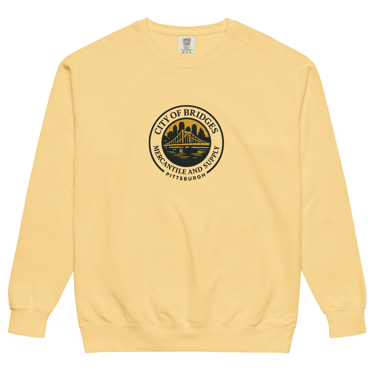 Bridge Logo Sweatshirt, butter yellow, front view — City of Bridges Pittsburgh garment-dyed sweatshirt