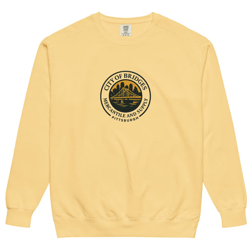 Bridge Logo Sweatshirt, butter yellow, front view — City of Bridges Pittsburgh garment-dyed sweatshirt