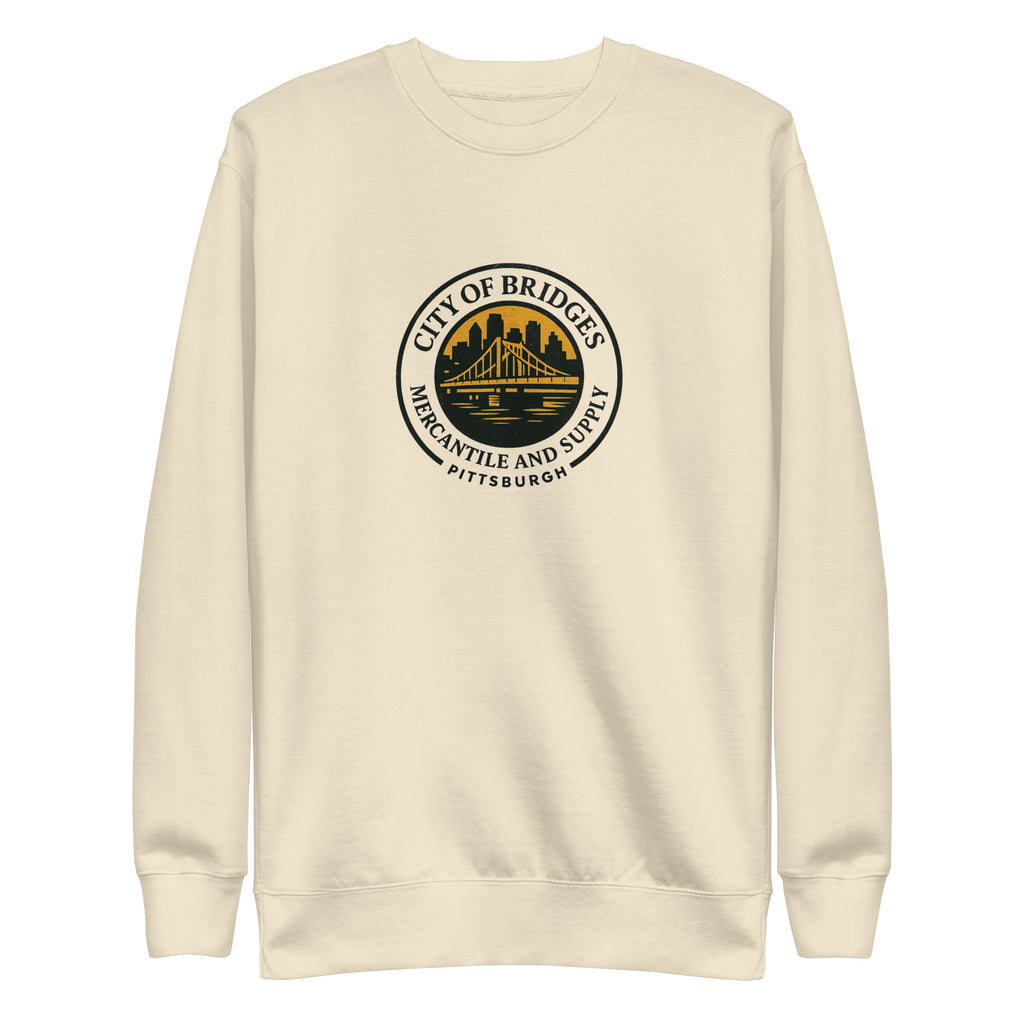 Premium Bridge Logo Sweatshirt, bone, front view — City of Bridges Pittsburgh crewneck