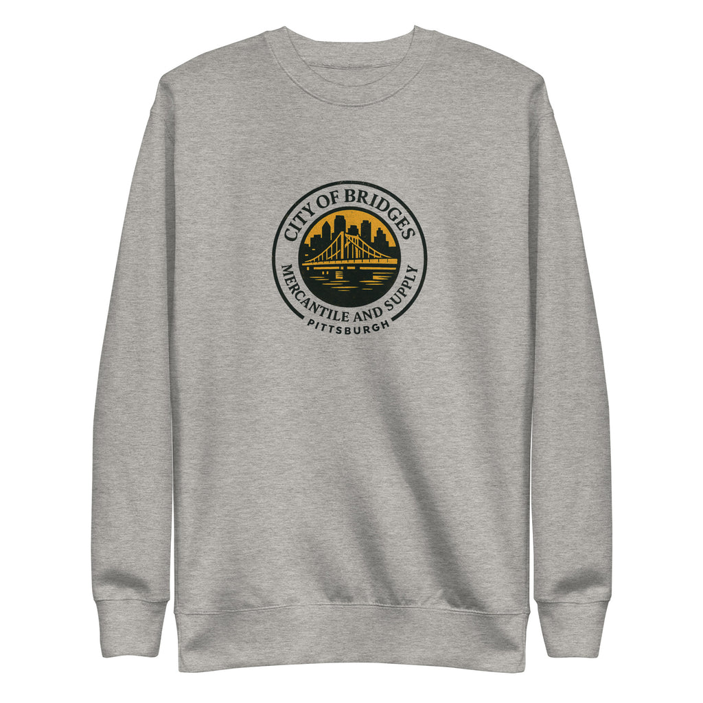Premium Bridge Logo Sweatshirt, carbon grey, front view — City of Bridges Pittsburgh crewneck