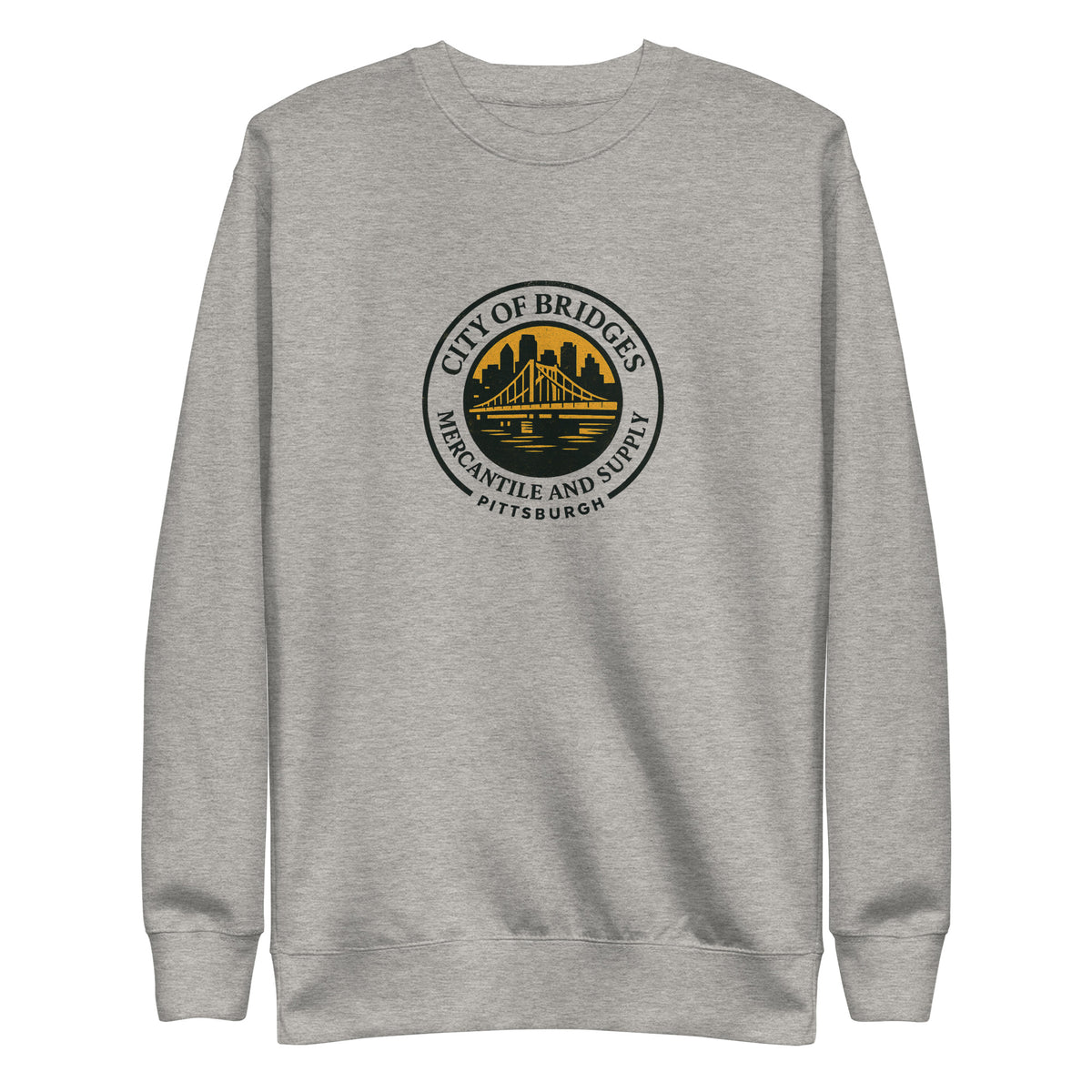 Premium Bridge Logo Sweatshirt, carbon grey, front view — City of Bridges Pittsburgh crewneck