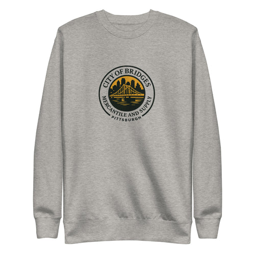 Premium Bridge Logo Sweatshirt, carbon grey, front view — City of Bridges Pittsburgh crewneck