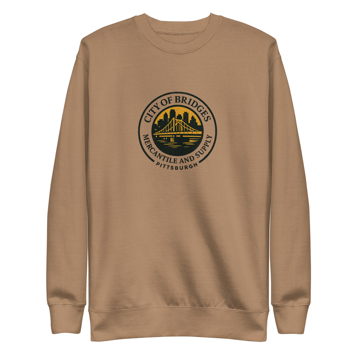 Premium Bridge Logo Sweatshirt, latte, front view — City of Bridges Pittsburgh crewneck