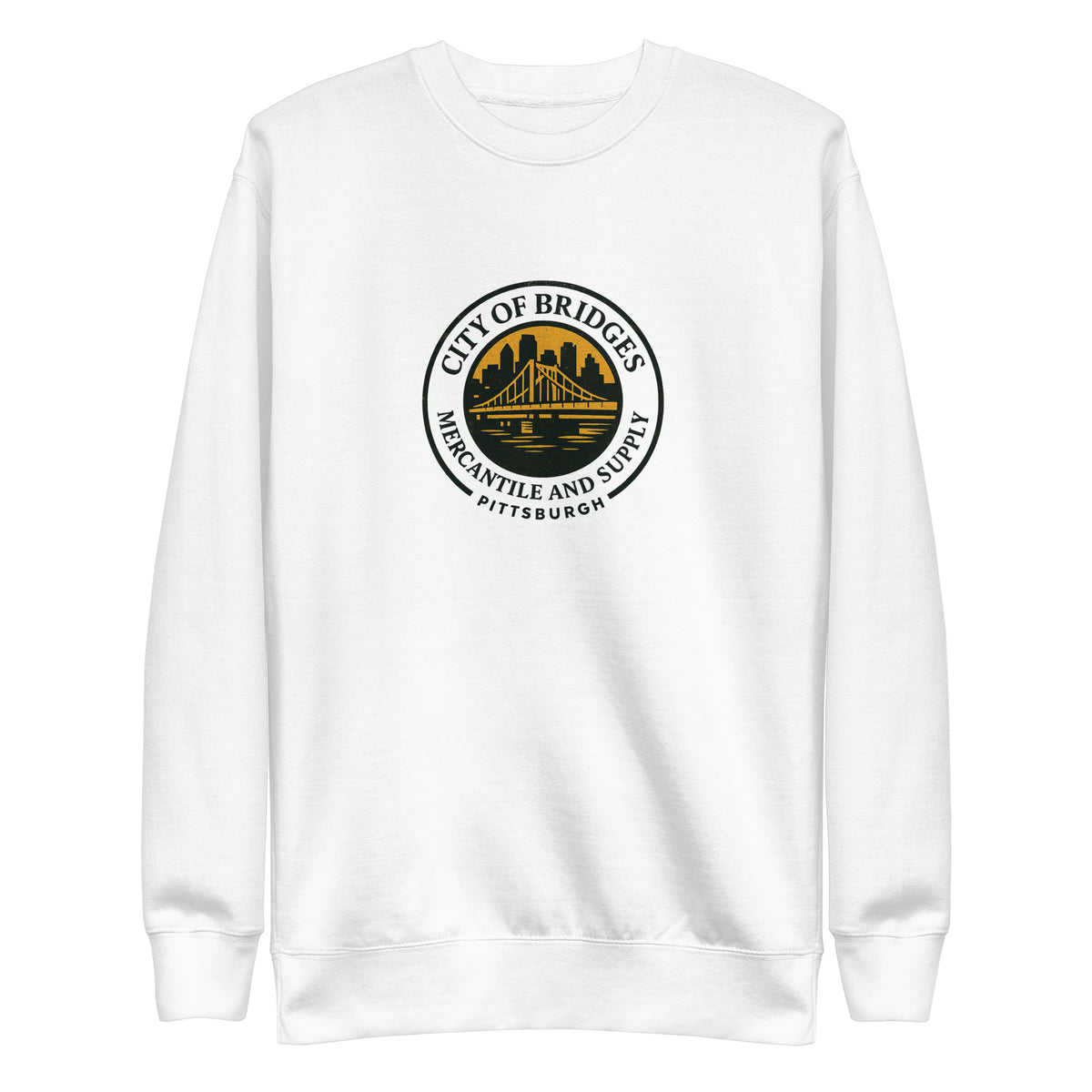 Premium Bridge Logo Sweatshirt, white, front view — City of Bridges Pittsburgh crewneck