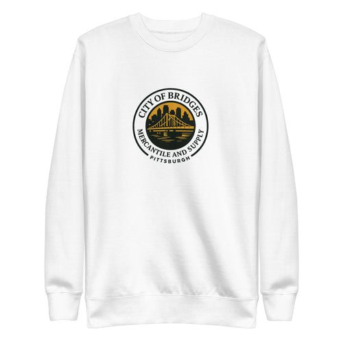 Premium Bridge Logo Sweatshirt, white, front view — City of Bridges Pittsburgh crewneck