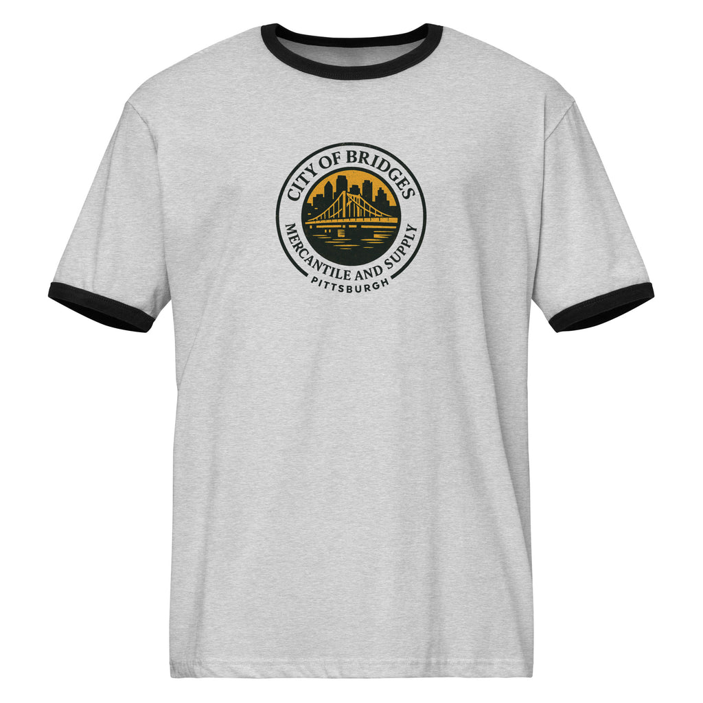 Logo Ringer Tee, heather gray with black trim, front view — retro City of Bridges Pittsburgh tee