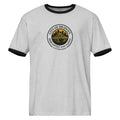 Logo Ringer Tee, heather gray with black trim, front view — retro City of Bridges Pittsburgh tee