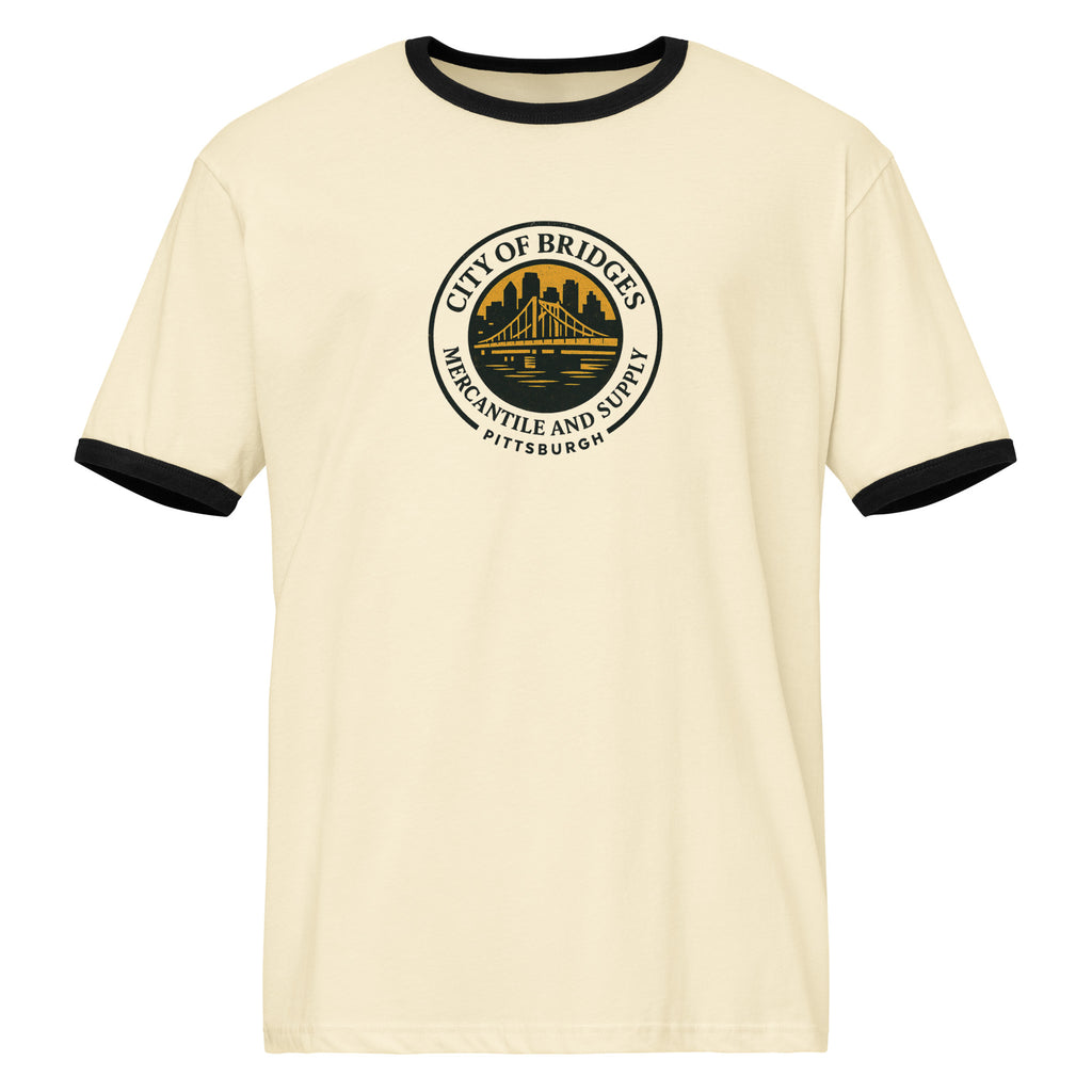 Logo Ringer Tee, natural with black trim, front view — retro City of Bridges Pittsburgh tee