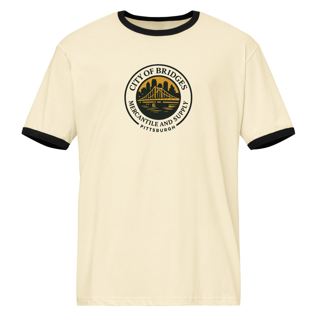 Logo Ringer Tee, natural with black trim, front view — retro City of Bridges Pittsburgh tee