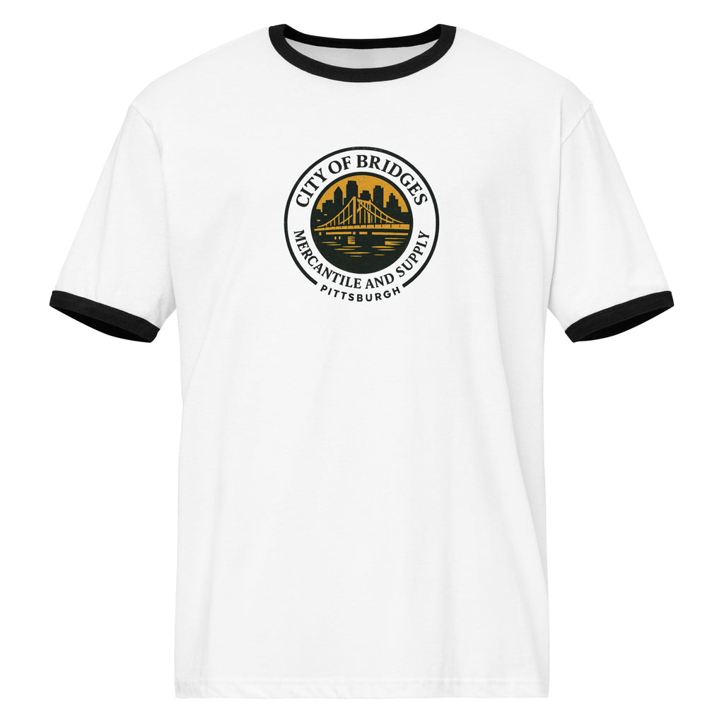 Logo Ringer Tee, white with black trim, front view — retro City of Bridges Pittsburgh tee