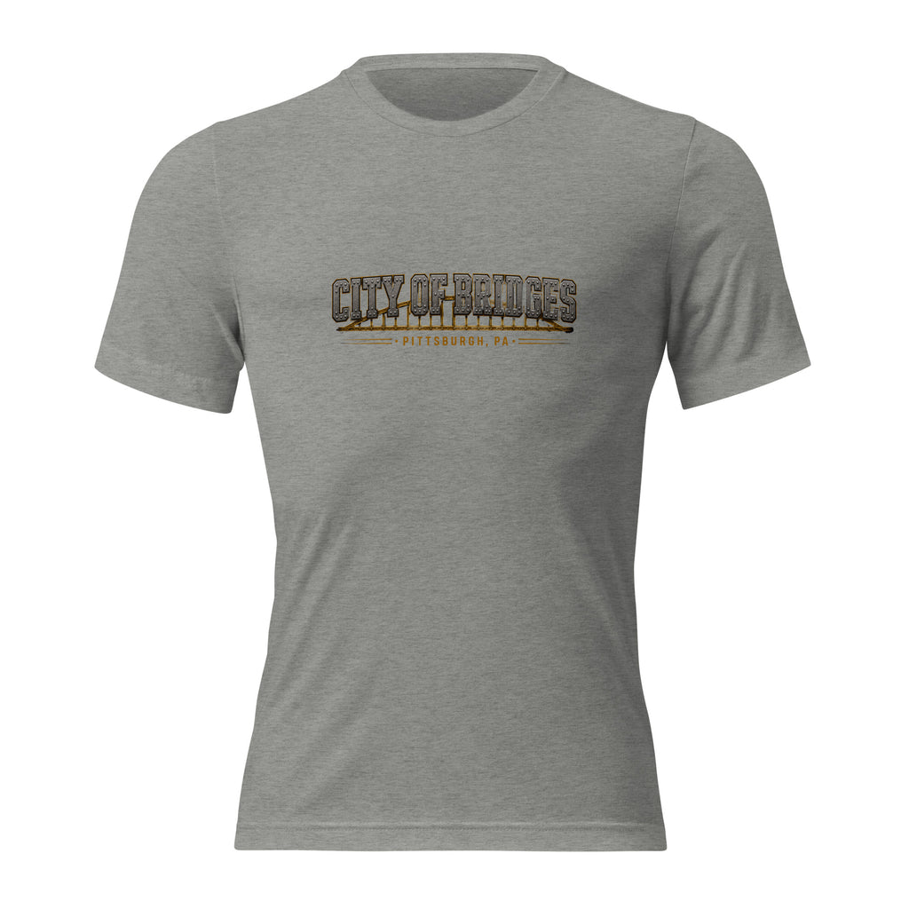 Steel City Of Bridges tee, athletic grey tri-blend, front view — Pittsburgh pride t-shirt