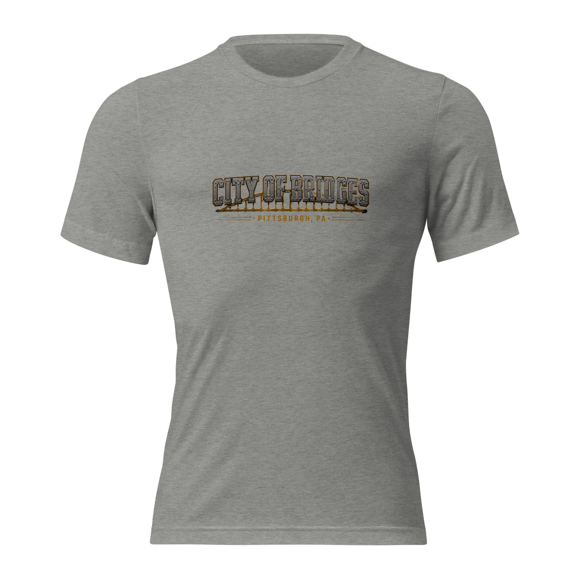 Steel City Of Bridges tee, athletic grey tri-blend, front view — Pittsburgh pride t-shirt