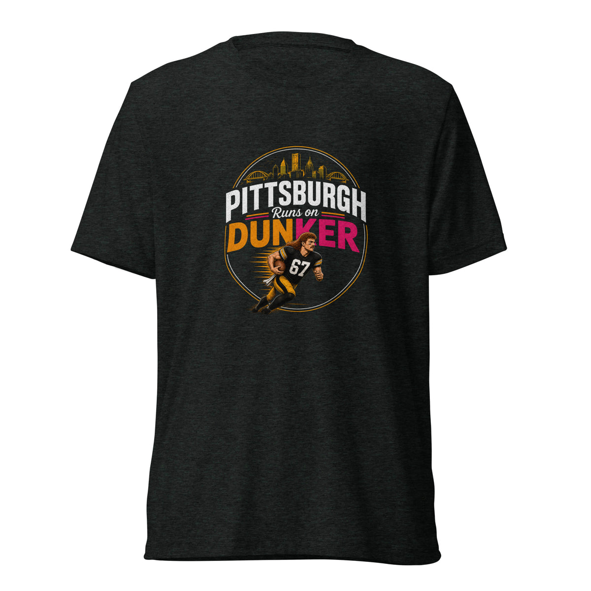 Pittsburgh Runs on Dunker tee, charcoal-black tri-blend, front view — funny Pittsburgh tee