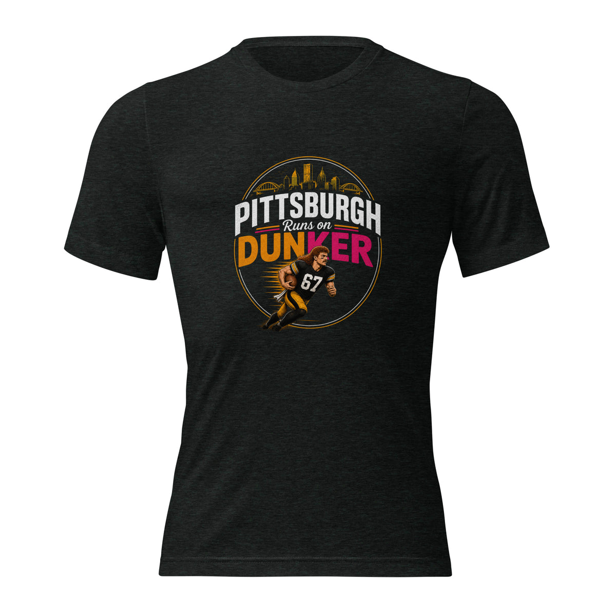 Pittsburgh Runs on Dunker tee, charcoal-black tri-blend, close-up graphic detail