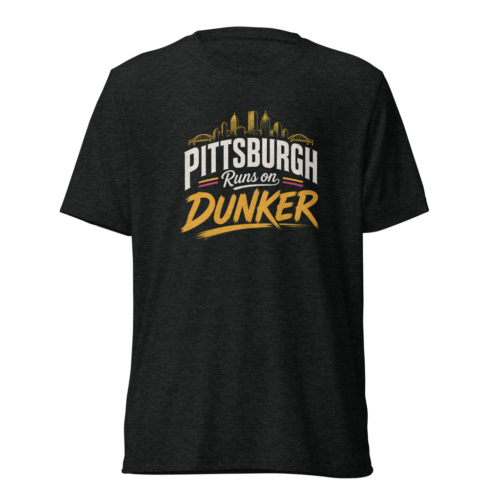 Dunker Splash graphic tee, charcoal-black tri-blend, front view — City of Bridges Pittsburgh tee