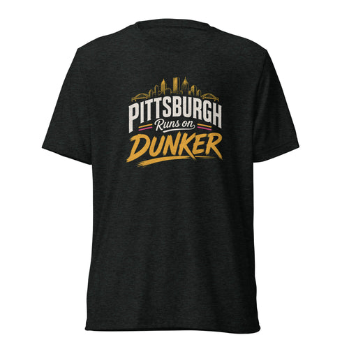 Dunker Splash graphic tee, charcoal-black tri-blend, front view — City of Bridges Pittsburgh tee