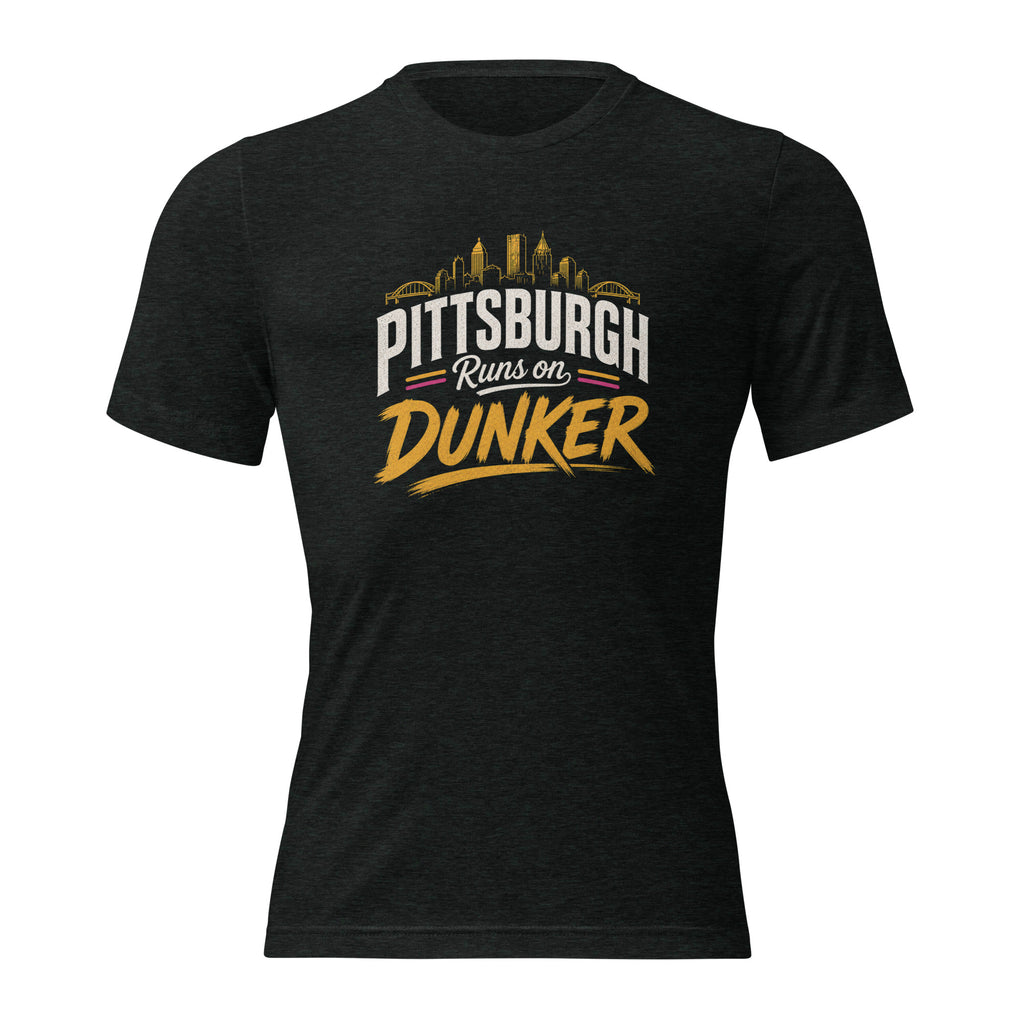 Dunker Splash graphic tee, charcoal-black tri-blend, close-up graphic detail