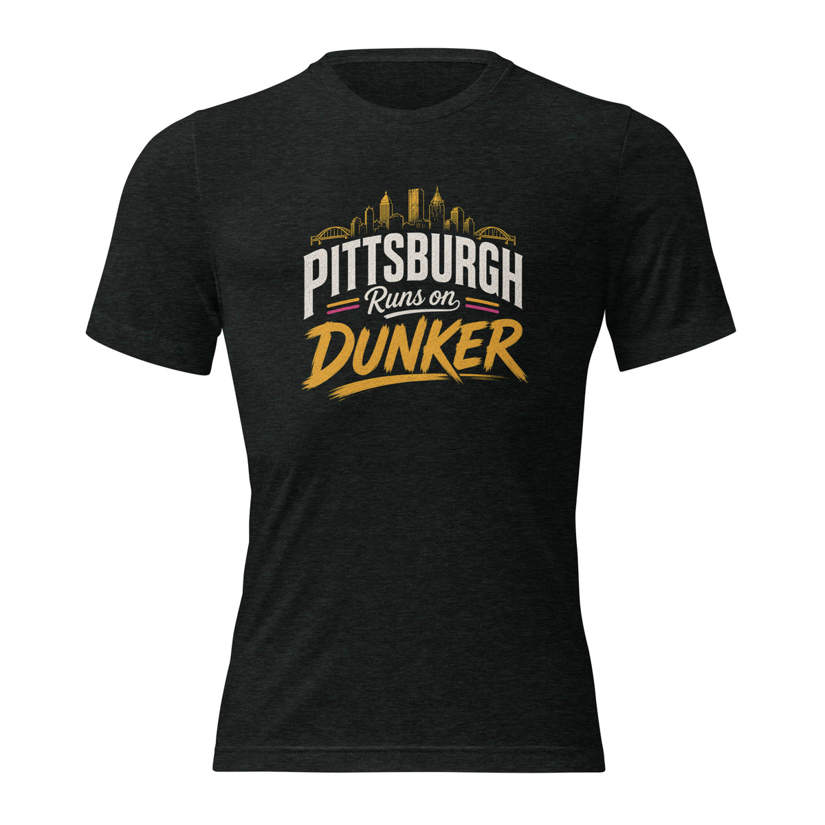 Dunker Splash graphic tee, charcoal-black tri-blend, close-up graphic detail