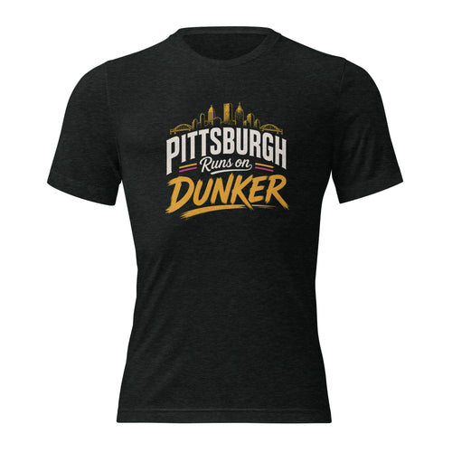 Dunker Splash graphic tee, charcoal-black tri-blend, close-up graphic detail