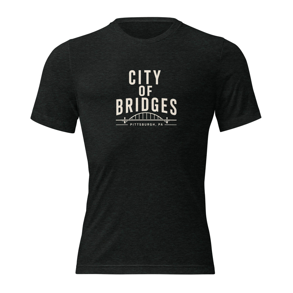 Bridge City Tee, charcoal-black tri-blend, front view — City of Bridges Pittsburgh bridges tee