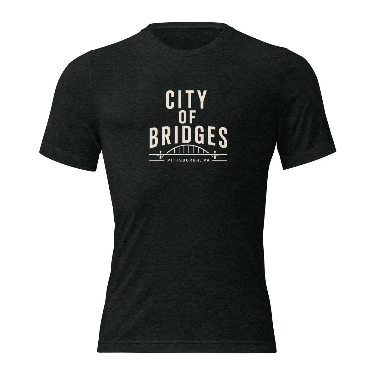 Bridge City Tee, charcoal-black tri-blend, front view — City of Bridges Pittsburgh bridges tee