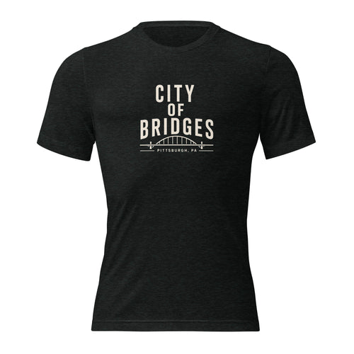 Bridge City Tee, charcoal-black tri-blend, front view — City of Bridges Pittsburgh bridges tee