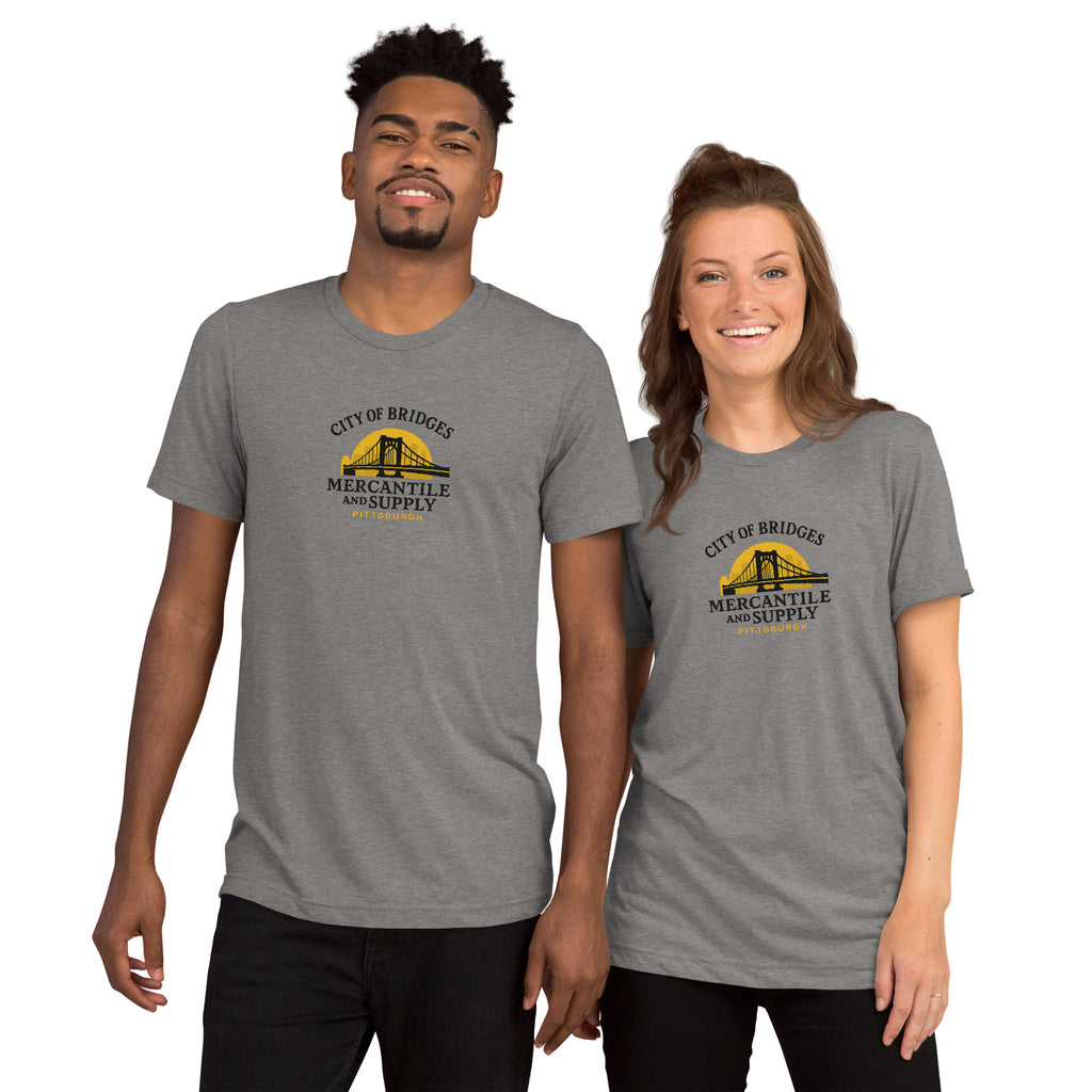 Patch Logo Tee, grey tri-blend, front view — City of Bridges Pittsburgh patch logo t-shirt