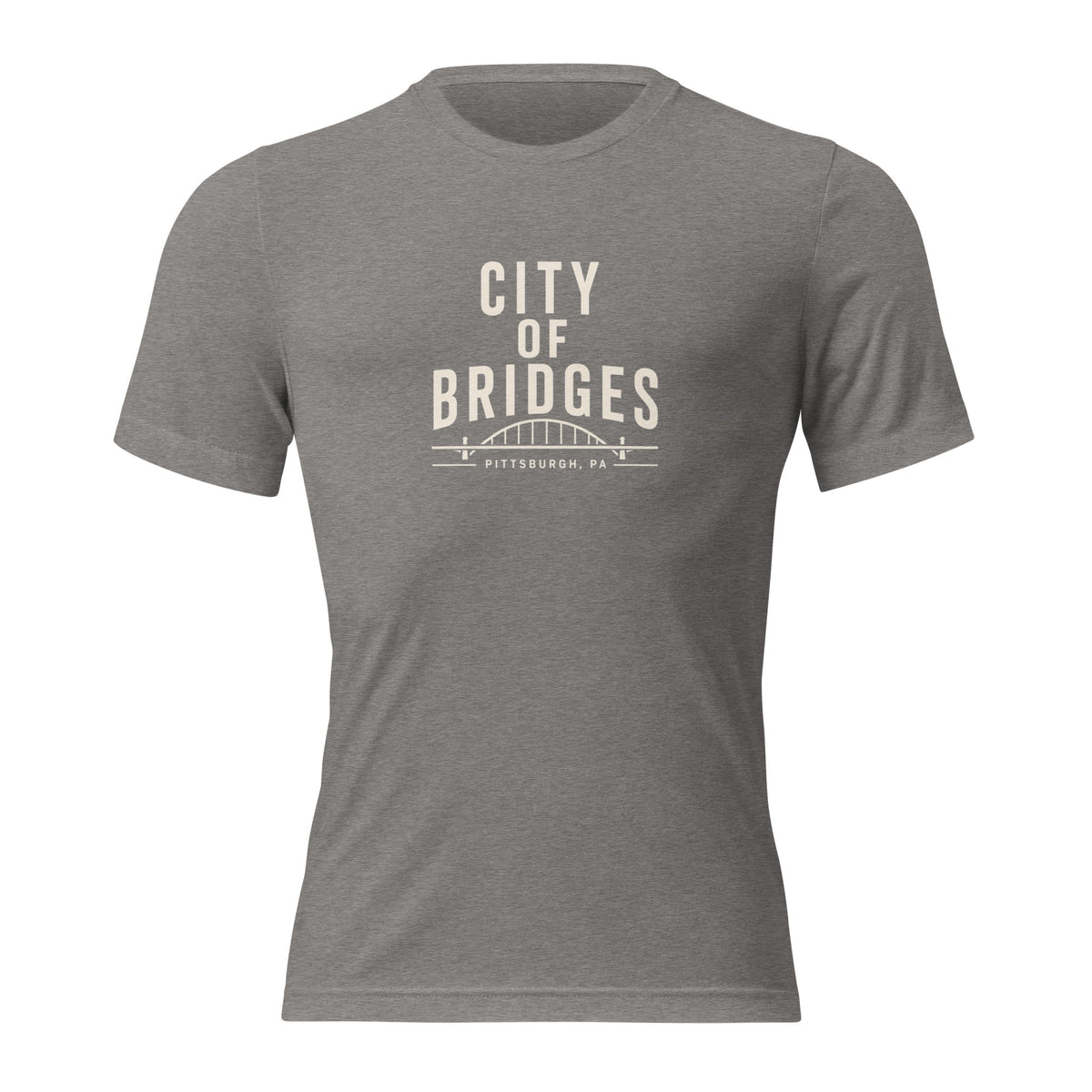 Bridge City Tee, grey tri-blend, front view — City of Bridges Pittsburgh bridges tee
