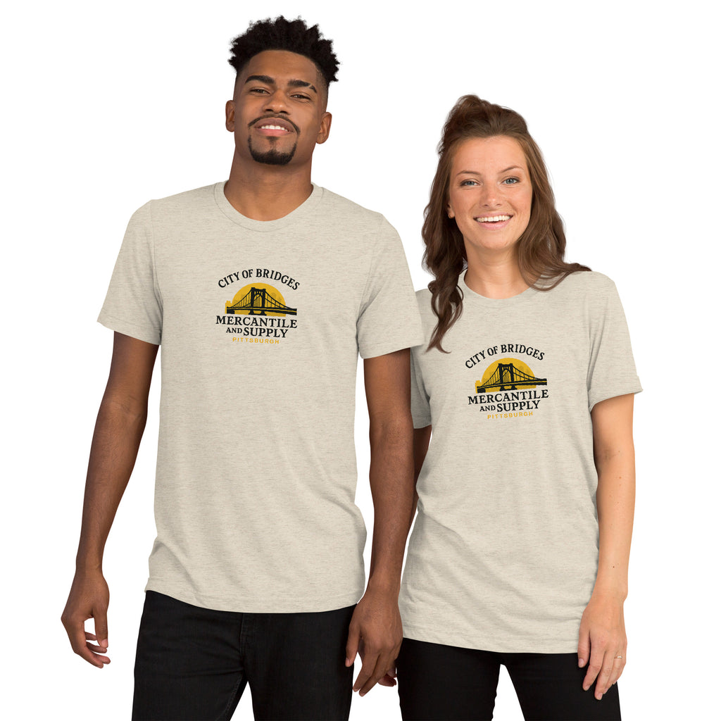 Patch Logo Tee, oatmeal tri-blend, front view — City of Bridges Pittsburgh patch logo t-shirt