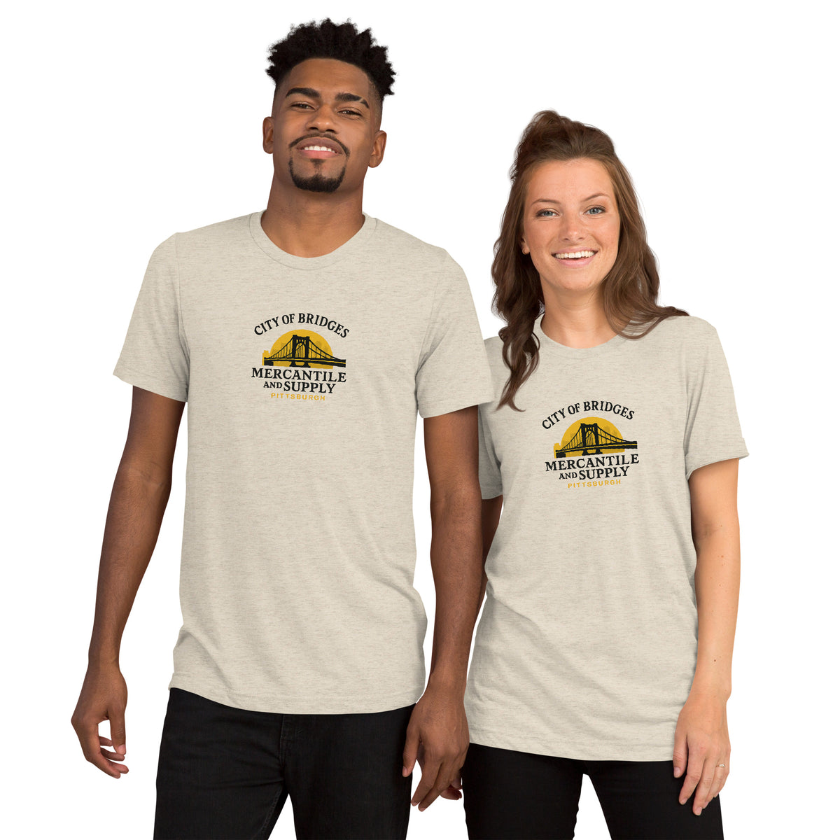 Patch Logo Tee, oatmeal tri-blend, front view — City of Bridges Pittsburgh patch logo t-shirt