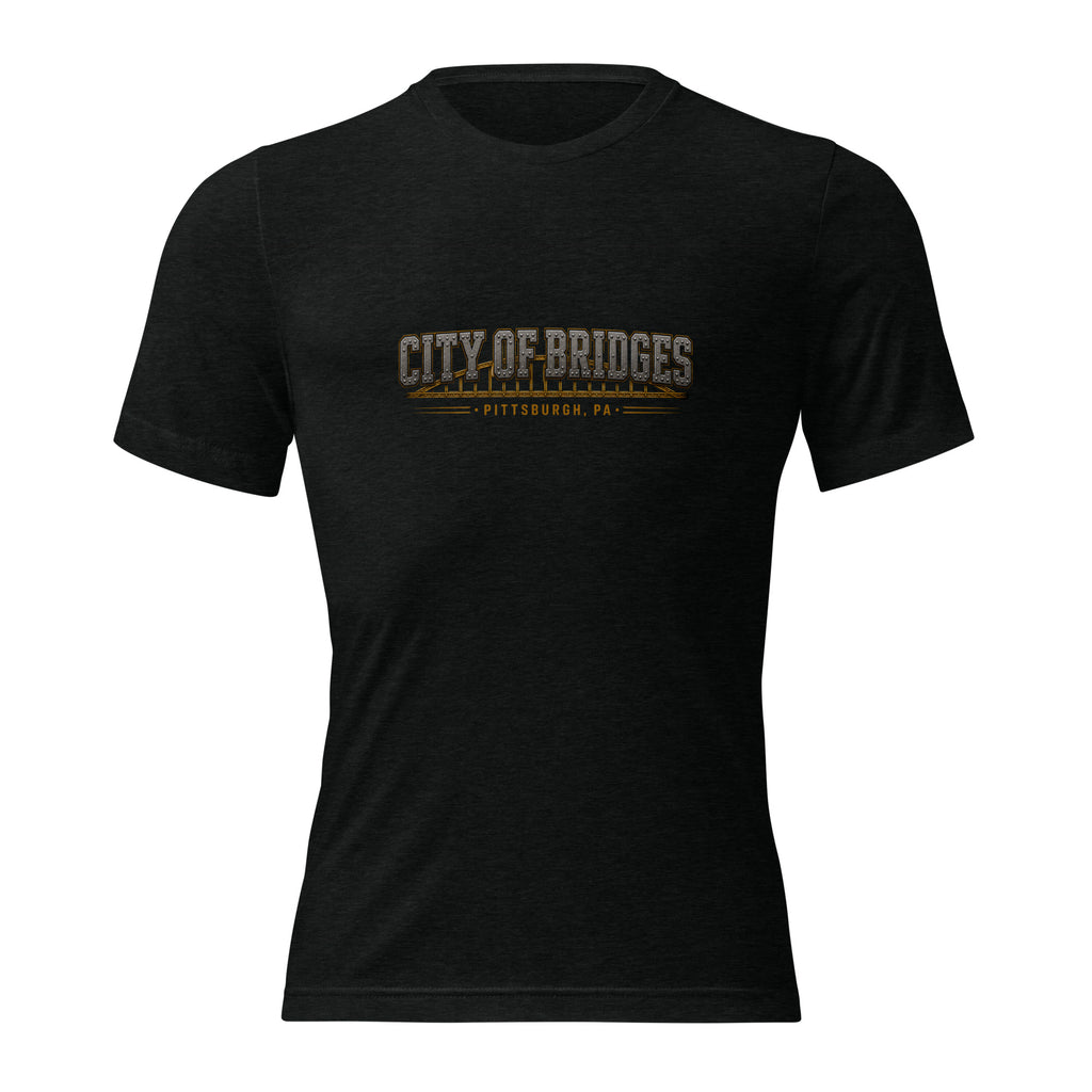Steel City Of Bridges tee, solid black tri-blend, front view — Pittsburgh pride t-shirt