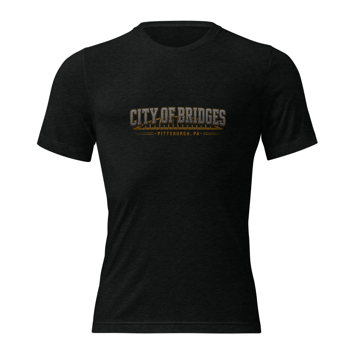 Steel City Of Bridges tee, solid black tri-blend, front view — Pittsburgh pride t-shirt