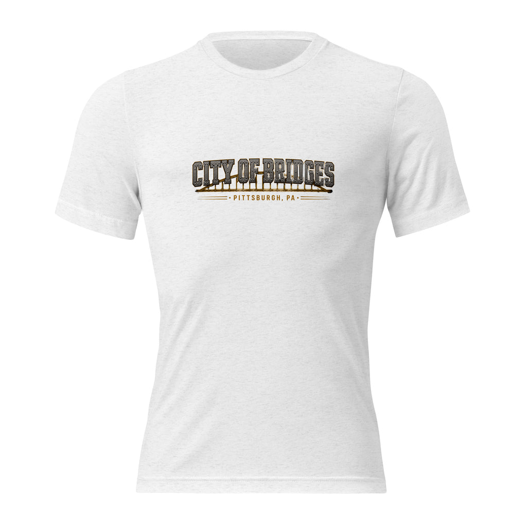 Steel City Of Bridges tee, solid white tri-blend, front view — Pittsburgh pride t-shirt