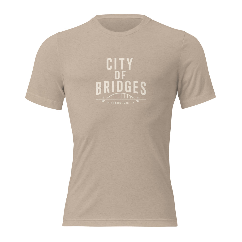 Bridge City Tee, tan tri-blend, front view — City of Bridges Pittsburgh bridges tee