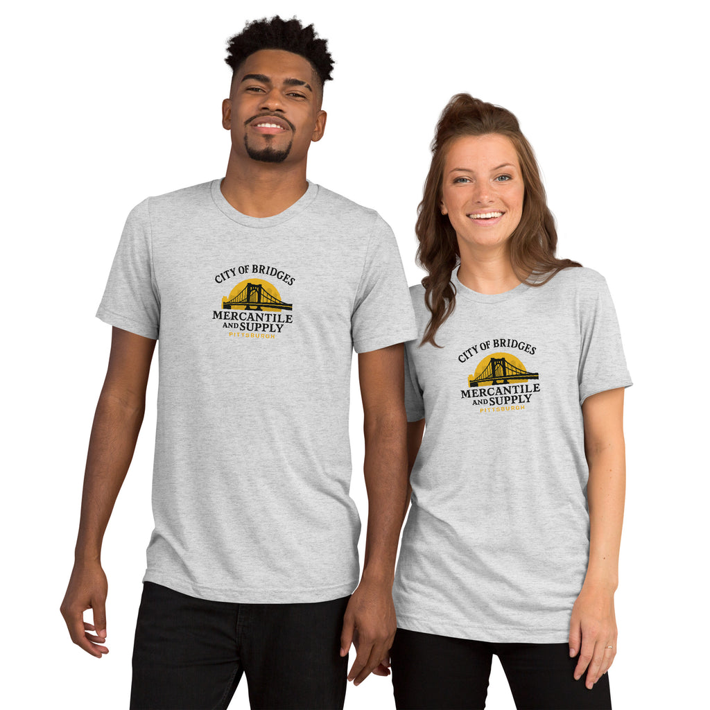 Patch Logo Tee, white fleck tri-blend, front view — City of Bridges Pittsburgh patch logo t-shirt